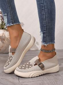 Women's Casual Sneakers, Rhombus Pattern Slip-On Flats, Non-Slip Wear-Resistant Low-Top PVC Flat Shoes - Beige - View 5