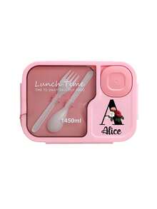 1 pieza Caja de almuerzo de gran capacidad con nombre personalizado, Caja de almuerzo para adultos de 1450ml, de tres compartimentos, a prueba de fugas, impresa con flores rojas e iniciales negras de la A a la Z, Caja de almuerzo personalizada, con cubiertos incorporados y compartimento separado para salsa