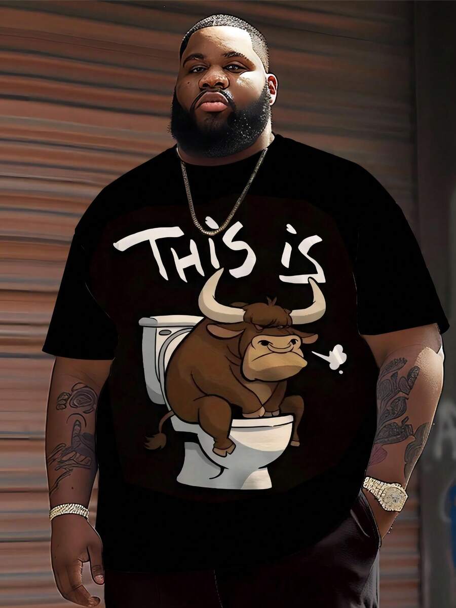 Plus Size Men Casual Round Neck T-Shirt, Polyester Knit Fabric Comfortable & Breathable, Fashionable Contrast Color Plaid Print, Funny Cartoon Ox Warrior Pattern Design, Novelty Personalized Top - Black - View 1