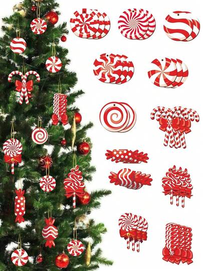 36 piezas de adornos de árbol de Navidad con forma de bastón de caramelo - Adornos colgantes de madera roja con forma de bastón de caramelo y piruleta de menta para decorar el árbol de Navidad, fiestas y hogar durante las vacaciones de Año Nuevo