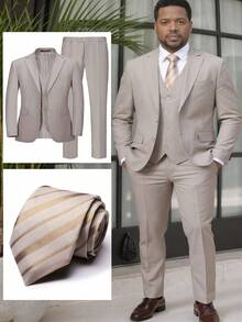 Men's Plus Size 4-Piece Suit Set For Weddings, Business, Balls, And Formal Events - Includes Blazer, Vest, Trousers And Striped Tie,Men Jacket 1XL-5XL - 香檳色 - 查看 1