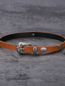 Plus Size Soft PU Leather Belt With Vintage Carved Buckle, Solid Color Waist Belt For Jeans, Women & Men Halloween Summer, School Fall, Autumn, Halloween