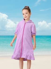 1pc Girls' Hooded Zip-Up Swim Cover-Up, Cute Puff Sleeve With Skirt, Available In Multiple Ages, Absorbent Towel Fabric, Suitable For Toddlers & Kids, Great For Home, Swimming, Bathing