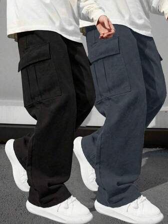2pcs Boys & Teens Casual Sports Outdoor Cargo Pants With Big Pockets, Spring/Autumn