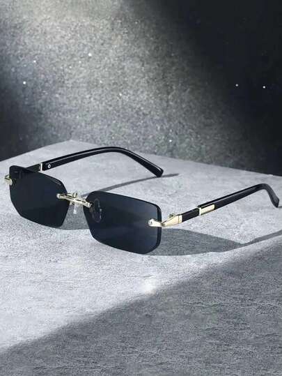 1 件男士时尚眼镜装饰框架，无框矩形设计，奢华金属材质，复古风格，佩戴者的必备配饰，百搭经典