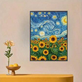 1幅印象派向日葵田钻石画，艺术家家居墙面装饰，成人钻石画套装，5D DIY钻石画，全钻钻石画，适合初学者，成人DIY 5D钻石画套装，钻石画套装，完整钻石画