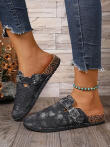 Women's Round Toe Slip-On Slippers, Couple Shoes, Non-Slip Fabric With Buckle Decor, Elevated Toe Cap Mule Slippers, Suitable For Indoor And Outdoor Wear