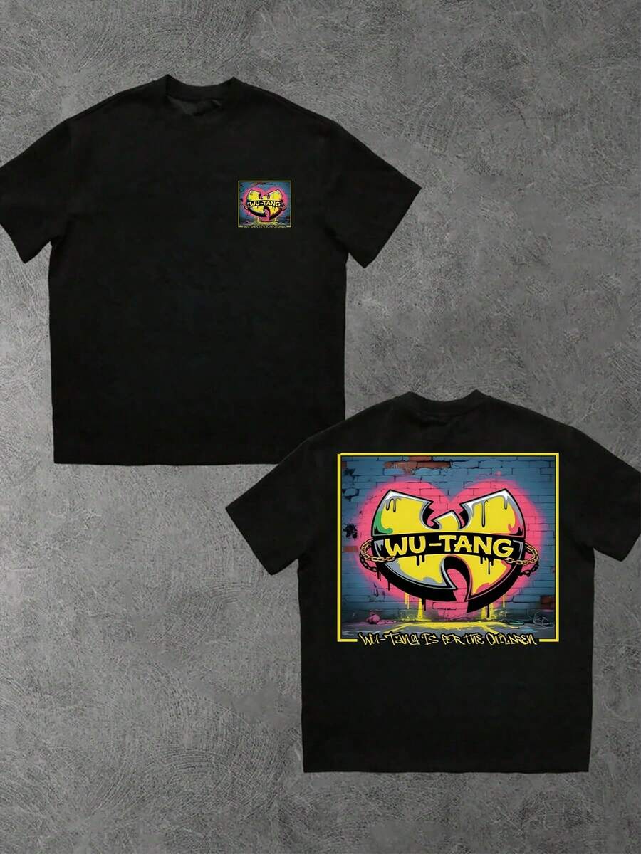 WUTANG Graffiti Art Double Sided Digital Printed 100% Cotton TShirt 1pcs Urban Men's Casual Tee 220g Streetwear Hip Hop Theme Long Tail - màu đen - Xem 1