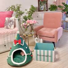 现代风格圣诞树形猫床，带防滑底座，柔软天鹅绒材质，可拆卸填充物，超厚设计 - 未组装宠物屋温暖冬季可洗狗窝，是宠物爱好者的完美圣诞礼物 - 彩色 - 查看 5