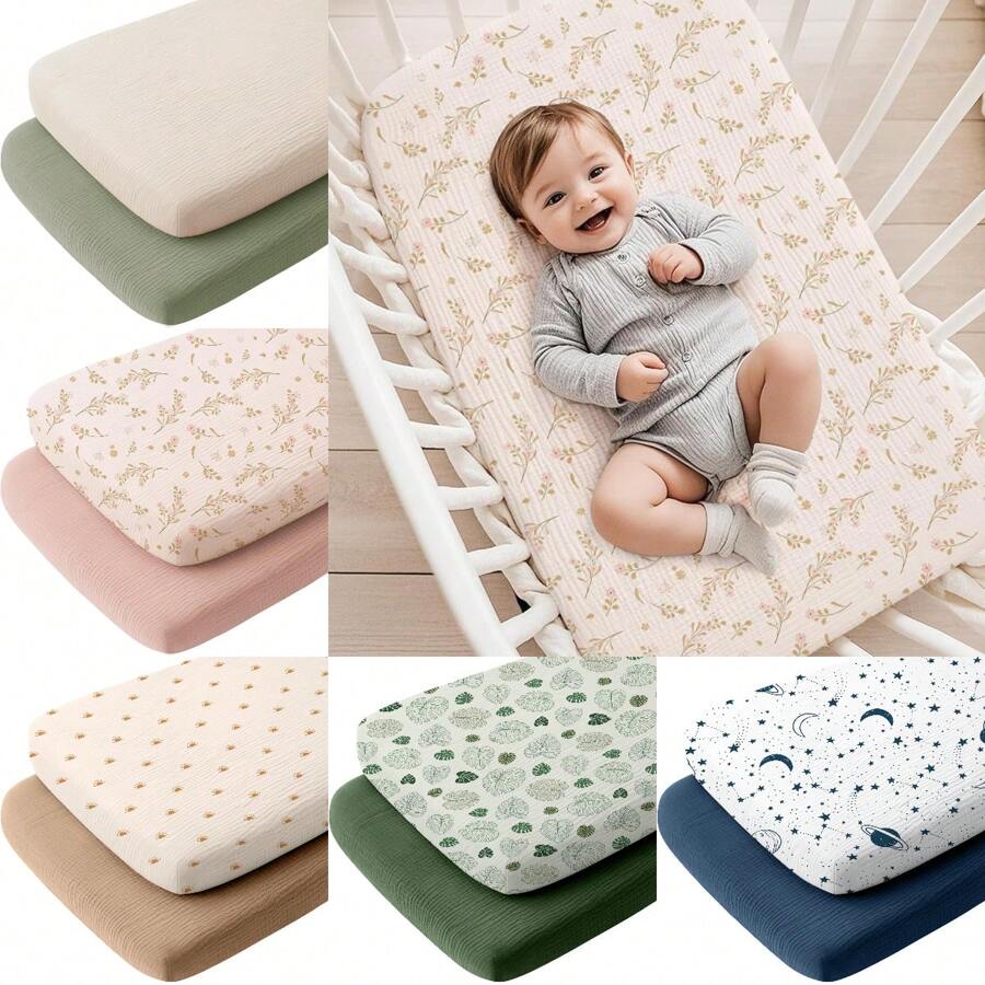 2pcs Baby Crib Sheets, Unisex, Soft & Comfortable, Suitable For Baby Crib, Moses Basket, Oval/Rectangular Pad/Mattress, Ideal Gift For Expectant Mothers