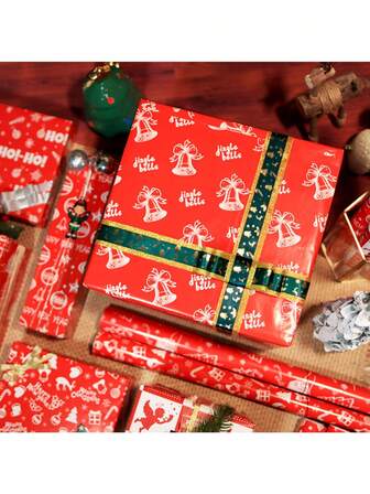 Christmas 4pcs Glossy Copper Plate Gift Wrapping Paper Red Background Christmas Paper Christmas Bell Angel Pendant Decorative Paper