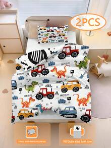 1/2PCS Dinosaurs And Engineering Vehicles Children's Duvet Set(Four Season Collection) Double-Faced Duvet Cover Set 76*102cm (1 Single-Sided Printed Pillowcase+1 Double-Sided Printed Duvet Cover,No Filling Material) For Baby Children'S Machine Washable Suitable For Newborn Beds Crib Giving Gifts During Holidays