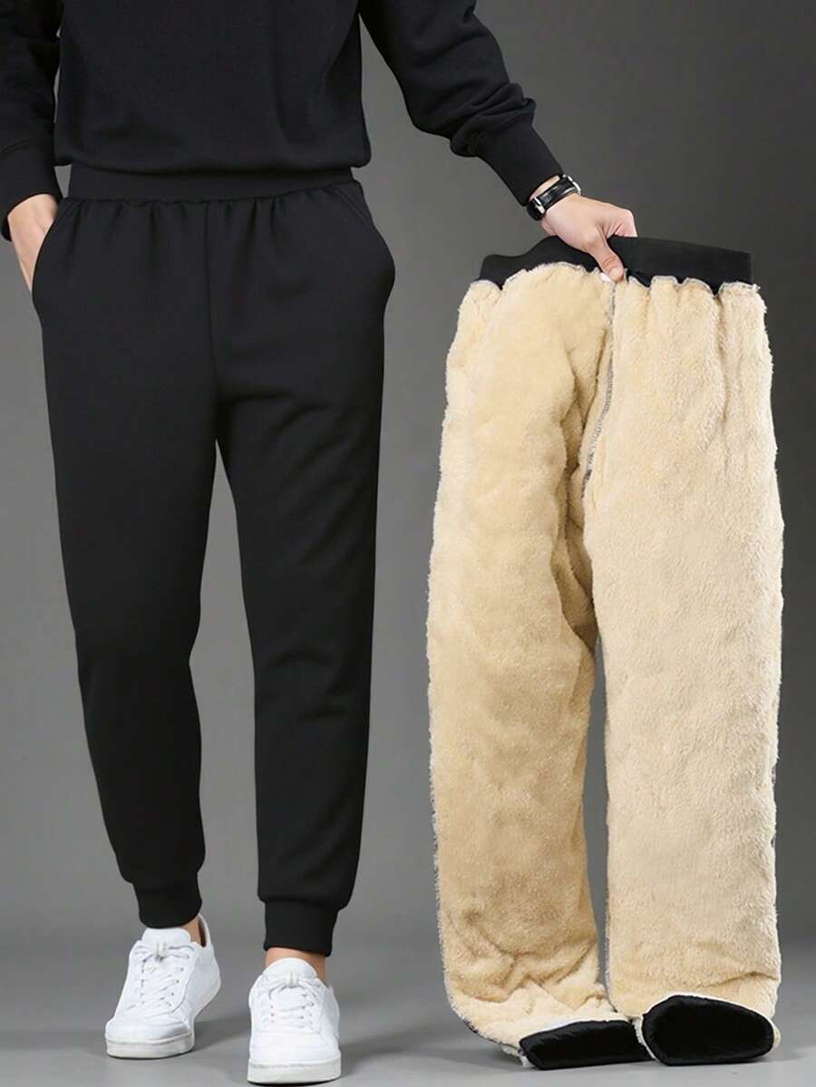 1pc Tween Boys Solid Color Thick Comfortable Casual Pants, Autumn/Winter - Black - View 1