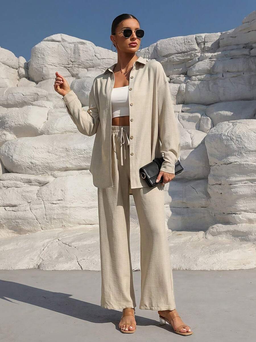 Two Piece Set Women Women's Loose-Fit Shirt & Wide-Leg Pants Set - Stylish Commute Outfit For Spring & Autumn, Casual Long-Sleeve Cardigan Two-Piece Rodeo Outfits For Women Valentines Day Outfit Spring Outfits For Women Festival Outfits For Women Concert Outfit Women Prom Dress Womens Tops Spring Break Outfits Brunch Outfits For Women Valentines Clothes Summer Outfits - 杏色 - 查看 1