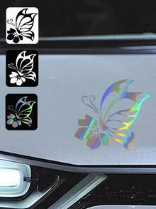 1pc Fashionable Butterfly Car Sticker, Reflective Butterfly Floral Engine Hood Car Decal