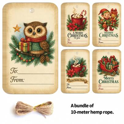 50 Stücke Festliche Weihnachtsgeschenkanhänger mit Hanfseil - Fröhliche Weihnachtsgeschenkanhänger - Hängende Etiketten für Feiertags-Geschenke, Heimdekoration, Bastel-Projekte & Party-Gastgeschenke, Weihnachtsparty-Zubehör