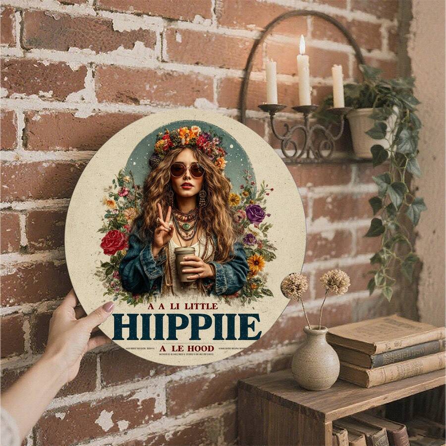 [2D Flat] 1pc Hippie Girl With Flower Crown & "A Li Little Hippie" Text Iron Wall Art 8x8 Inch Round Iron Wall Art Decor, Retro Iron Painting For Kitchen, Garage, Cafe, Bar, Living Room Decor,Bathroom,Garden - 彩色 - 查看 1