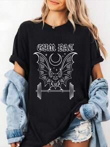 100% Cotton Gym Bat Gothlete Workout Bat And Moon Healthy Goth T-Shirt Summer Tees Women - 黑色 - 查看 1