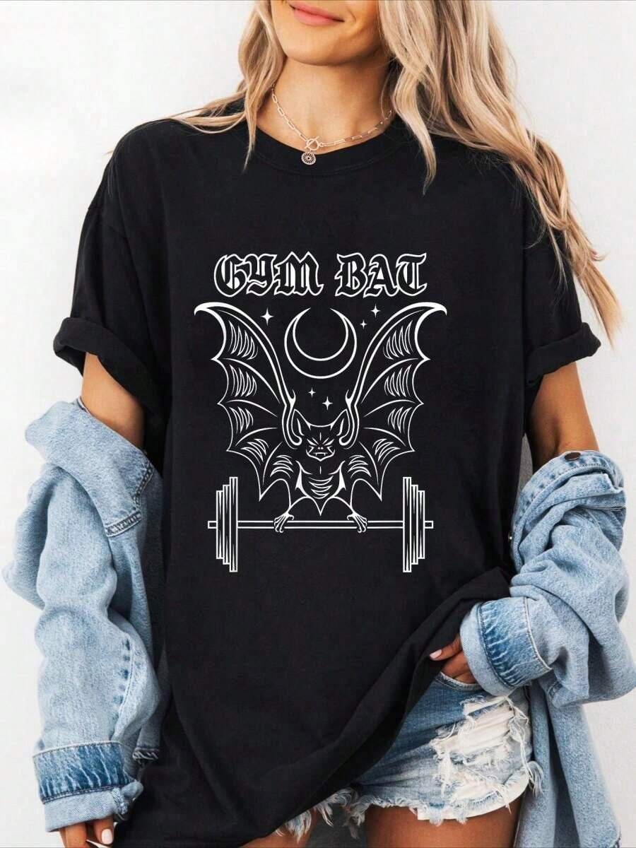 100% Cotton Gym Bat Gothlete Workout Bat And Moon Healthy Goth T-Shirt Summer Tees Women - 黑色 - 查看 1