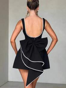 Women's New Summer Pearl Bow Fashionable Slim Short Skirt, Hot Girl Waist-Detached A-Line Solid Color Dress - 黑色 - 查看 2