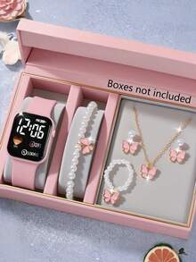 6件套优雅时尚方形和心形LED数字手表，搭配珍珠蝴蝶项链、手链、戒指和耳环首饰套装，是送给女孩参加派对、庆祝活动、旅行、返校、圣诞节、万圣节以及送给朋友和家人的完美礼物。 - 彩色 - 查看 3