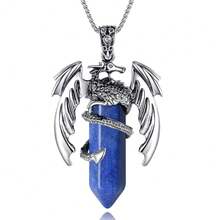 XIANNVXI Crystal Healing Stone Necklace For Men Women Amethyst Vintage Dragon Necklace Cool Simple Retro Natural Reiki Spirtural Witch Gemstone Pendant Jewelry-901744 - G-青金石 - 查看 2