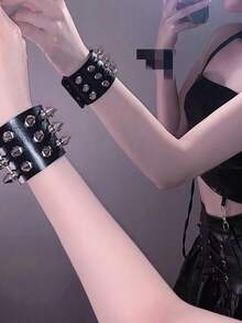 3pcs/Set Punk Hiphop PU Leather Fashion Black & Red Rivet Necklace Bracelet Set, Unisex Choker Wristband For Daily, Festival, Party Outfit, Gothic Choker Bracelet Set