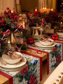 1 pieza Camino de mesa de lino rojo navideño - Decoración festiva de poinsettia de invierno para comedor y cocina durante las fiestas (33 x 90/120/160/183/200 cm)