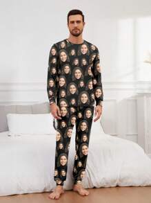 Portrait graphique personnalisé, ensemble de pyjama décontracté amusant pour hommes, vêtements d'intérieur, coloré, mignon, adorable, sobre, drôle, personnalisé, unique, personnalisé, cadeau idéal pour lui, cadeau idéal pour elle, petit ami, petite amie, famille, amis, elle, vêtements d'automne, automne chic, ambiance de Noël à la maison - Noir - Voir 5