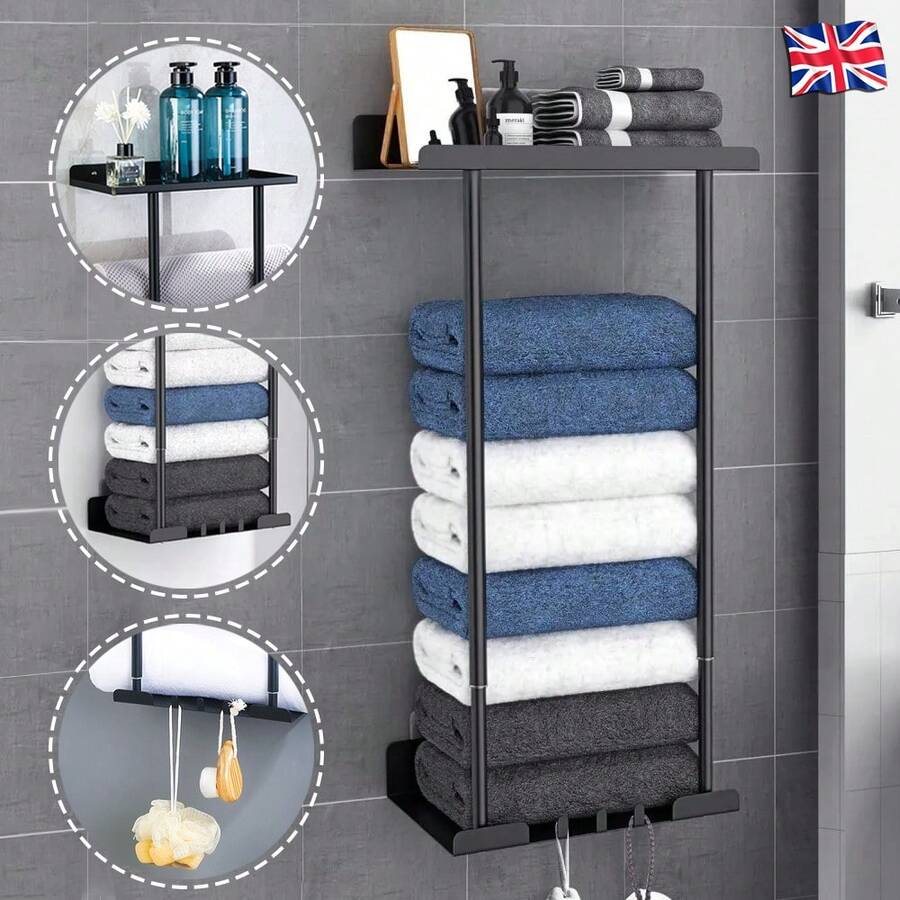 Towel Racks For Bathroom, Wall Mounted Towel Holder, 2 Tier Towel Rack With Shelf, Heavy Duty Bath Towel Holder, Black - 黑色 - 查看 1