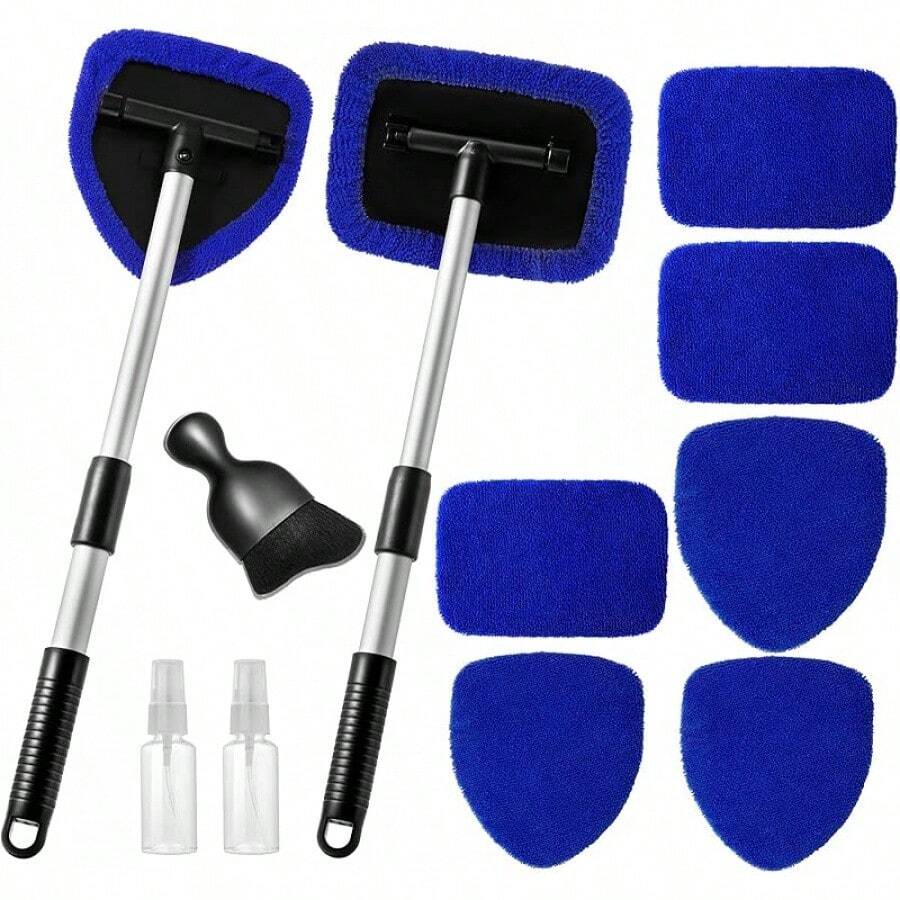 11pcs Auto Windshield Cleaning Kit With 6 Reusable Microfiber Pads, 2 Spray Bottles, Extendable Handles - Green, Popular Auto Cleaning Essential - 藍色 - 查看 1