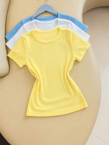 Kit 3 Women's Ribbed Blouses, Baby Tee, Basic Short Sleeve Babylook Colors  2025 - Yellow/White/Blue - View 1