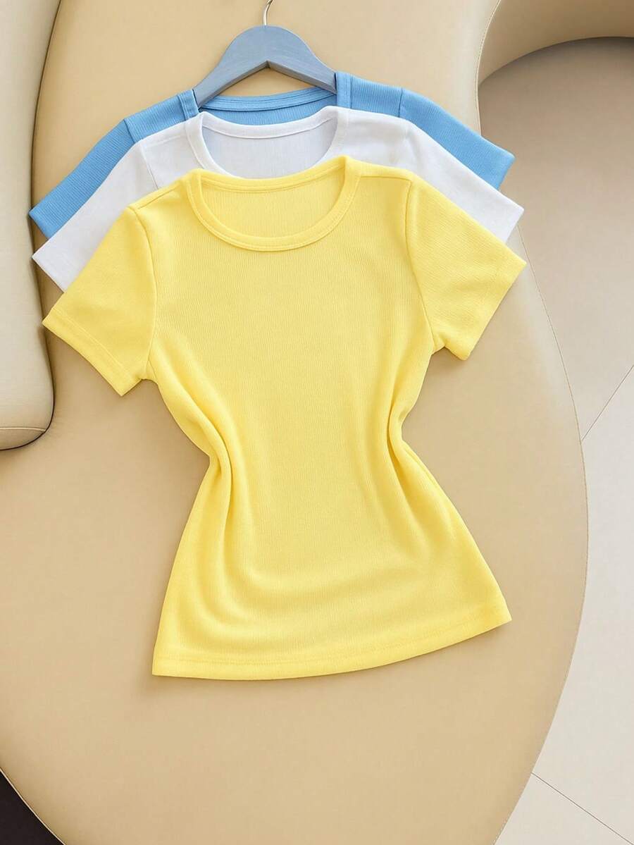 Kit 3 Women's Ribbed Blouses, Baby Tee, Basic Short Sleeve Babylook Colors 2025 - Yellow/White/Blue - View 1