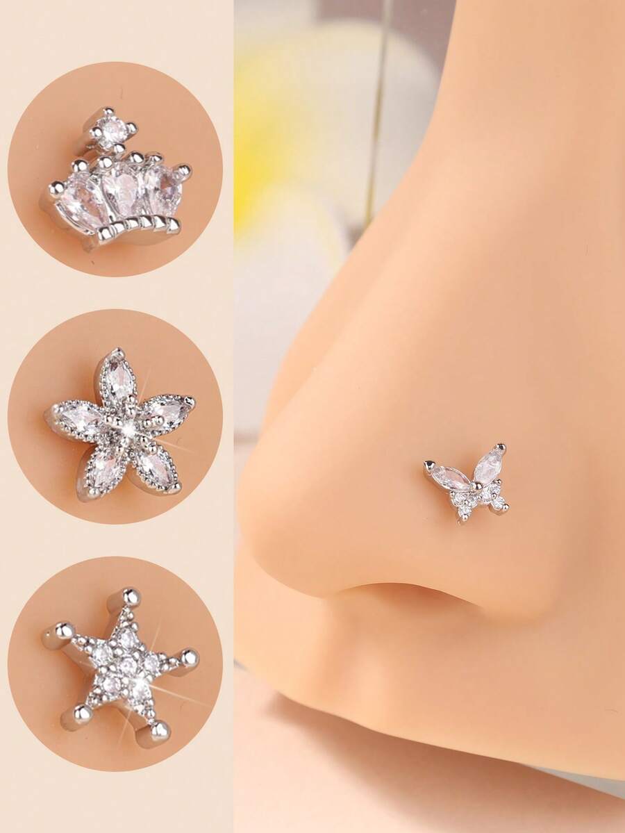 1 件/5 件可爱 L 形鼻钉戒指，适合女士女孩，独特蝴蝶花朵星星方晶锆石夏季金银色鼻环饰品派对和礼物 20G - L Shaped Pin - 查看 1
