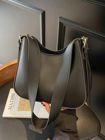 Fashionable Underarm Bag For Women, Minimalist Solid Color, Wide Strap, Bucket Bag, Versatile Zipper Shoulder Crossbody Bag