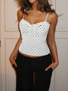 Women Y2k Camisole Tops Polka Dot Print Lace Trim Tie-Up Front Casual Cami Tops Spaghetti Strap Tank Tops Summer Fashion Sleeveless Slim Fitted Shirt Going Out Tops Club Streetwear Fairy Aesthetic Clothes - 白色 - 查看 1