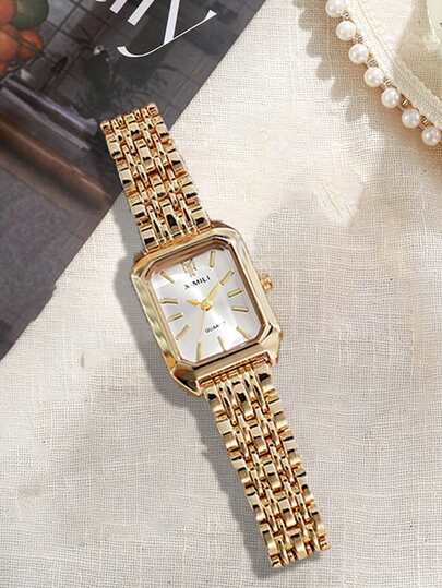 1pc/Set Stylish Compact Gestreepte Dial Square Stainless Steel Vintage Quartz Horloge Matching, Birthday, Ladies, Anniversary, The Friday After Year End Promotion, Cyber Monday, Halloween Promotion Other Holiday s, No Box