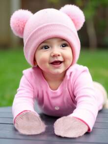 2件套可爱针织毛球婴儿帽和加厚保暖护耳帽套装，包含儿童手套和帽子，适合1-3岁幼儿，冬季适用 - 多色 - 查看 4