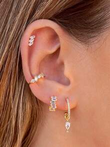 1 件精致 925 纯银马眼锆石耳环，带吊坠，防过敏金耳环，适合女士日常佩戴 - 長方形+圓形鋯石耳夾 - 查看 6