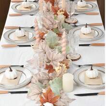 2pcs Fall Maple Leaves Garland Decoration  Artificial Fall Foliage Garland With White Pumpkins Autumn Decor For Halloween Thanksgiving Home Table Decor - 白色 - 查看 7