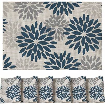 Table Mat-Artoid Mode Floral Vinyl Plistic Placemats Set Of 6, Heat Resistant Washable Non-Slip PVC Place Mats For Party Kitchen Dining Decor, Blue Grey