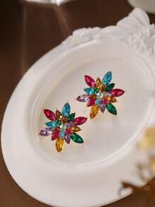 Classic Sparkling Alloy Ear Studs With Rhinestone, Simple & Chic Floral Design, European & Korean Style - Colorful - View 13