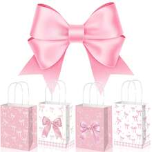 12Pcs Pink Bow Gift Bags - Paper Party Favor Bags, Multi-Event Pouches For Shower/Wedding Decoration/Halloween/Christmas/Party Supplies, Halloween Gift Bags, Thanksgiving Gift Bags, Fall Decoration