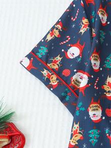 Women's Christmas Santa Claus Print Lapel Button Short Sleeve Top And Bow Shorts Pajama Set, Suitable For Christmas Home Use, Spring/Summer - Màu xanh lam - Xem 4