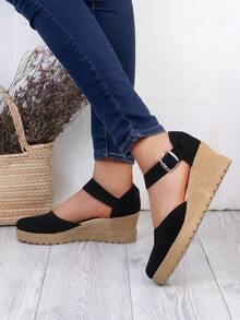 Zapatos Mary Jane para mujer antideslizante, punta redonda, correa ajustable, plataforma baja, estilo sencillo para oficina y diario - Negro - Ver 3