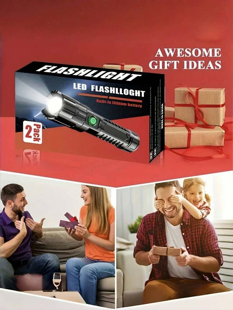 1/2 Pack Super Bright Rechargeable LED Flashlight, Compact Zoomable Handheld Torch For Outdoor Camping, Fishing, Hunting, Hiking, Adventure And Emergency, Built-In Battery - Multicolor - View 10