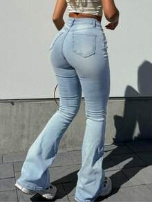 MYOURSA 高腰喇叭牛仔裤，靴型裤型，优雅休闲日常穿着，浅蓝色女款 - 淺色水洗藍 - 查看 6