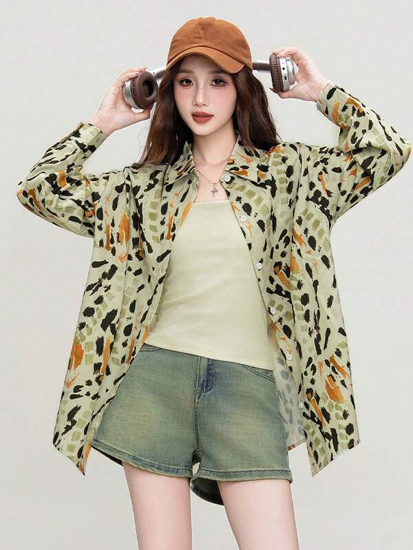 2025 Spring/Autumn Fashionable Printed Loose Casual Blouse For Women, Long Sleeve Top