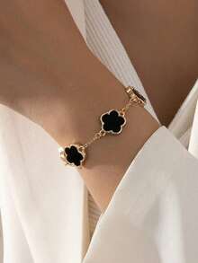 1 件女士时尚奢华个性化简约五角星和花朵铜手链，情人节礼物 - 黑色 - 查看 4
