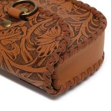 Women's Shoulder Bag Handmade Leather Carved Flower Fanny Pack Vintage Tan Adjustable Belt Mini Shoulder Bag Western Style Carved Leather Waist Bag Vintage Embossing Craft Versatile Crossbody Bag - 棕色 - 查看 9